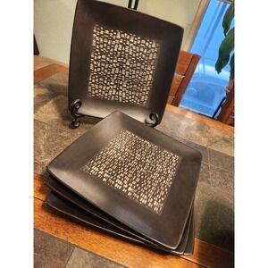 Elama Naina Stoneware 8.5" Square Salad Plate Set 4 Matte Blk Tan Tile Geometric